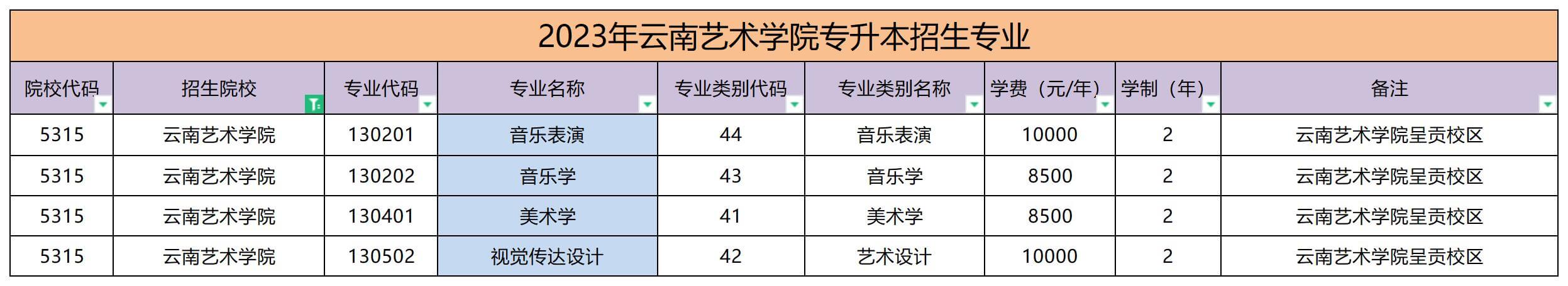 2023年云南艺术学院专升本招生专业